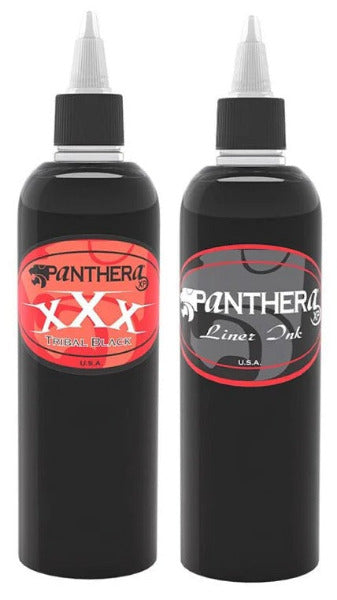 Two black bottles of Panthera tattoo ink on a white background