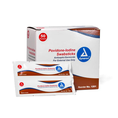 Dynarex Povidone-Iodine Swabsticks - Box of 50 packets